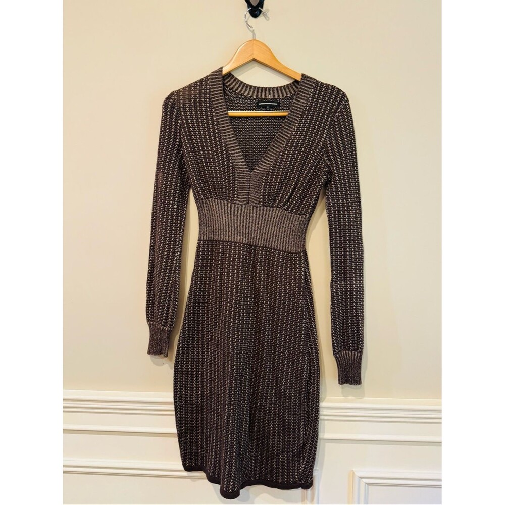 Express Brown Ribbed V-Neck Long Sleeve Knit Dress